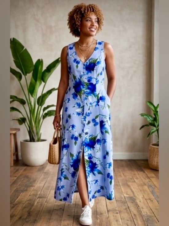 Expressions Dresses & Skirts - VTG 90s Expressions Periwinkle Blue Floral Button Down Maxi Dress Slit Size 8